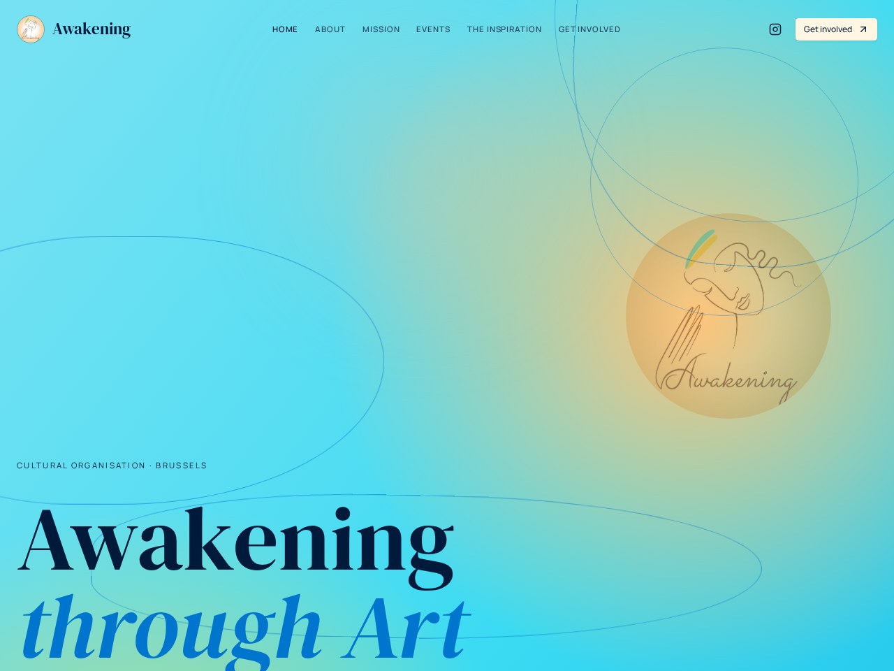 Concept de page d’accueil pour Awakening Art NGO, avec une typographie expressive et un fond artistique coloré.