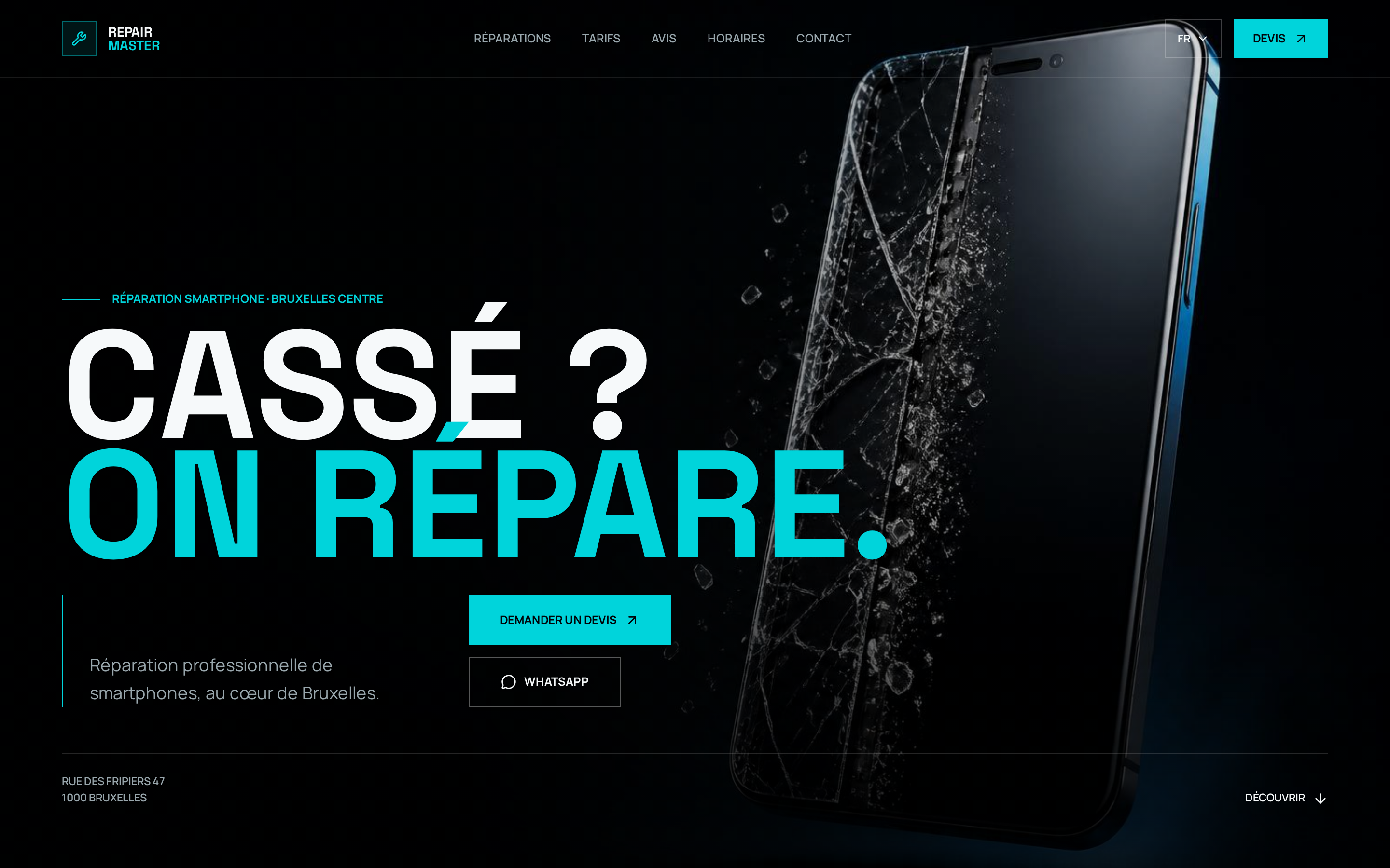 Concept de page d’accueil pour Repair Master Vision, avec un grand titre « Cassé ? On répare. » sur fond sombre et un smartphone à l’écran fissuré.